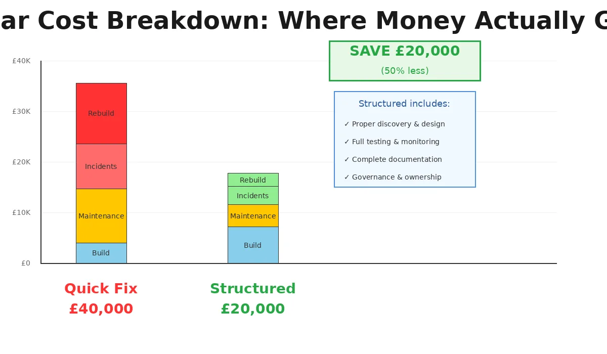Quick fix vs structured lifecycle 3-year cost comparison showing true total cost
